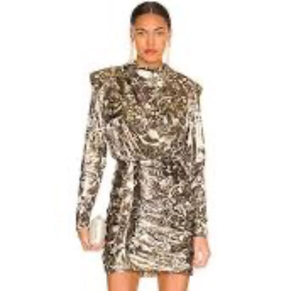 All Saints Lilliana Kettu Mini Dress Black Gold Shoulder Pads Sz 4 - Picture 1 of 11